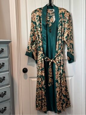 Adonna Teal Satin Robe and slip nightgown with Gold Floral Print and Waist Tie